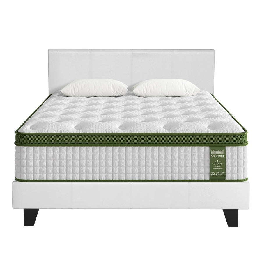 Artiss BedStory Queen Bed Frame Set with Hybrid Mattress and Leather Frame Medium White