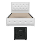 Artiss King Single Bed Frame Storage White Leather Gas Lift Bed Black Bedside Table Set - Side View