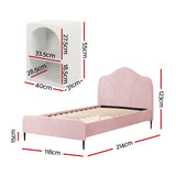 Artiss King Single Storage Bed Frame Velvet with Bedside Table Pink - Front View