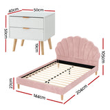 Artiss Double Bed Frame Scallop Headboard Pink Velvet with 2 Drawer Bedside Table - Front View