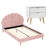 Artiss Double Bed Frame Scallop Headboard Pink Velvet with 2 Drawer Bedside Table - Close-Up Angle