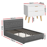 Artiss Upholstered Queen Gas Lift Storage Bed Frame with 2-Drawer Bedside Table Set - Front View