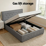 Artiss Upholstered Queen Gas Lift Storage Bed Frame with 2-Drawer Bedside Table Set - Top-Down View