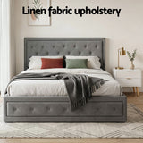 Artiss Upholstered Queen Gas Lift Storage Bed Frame with 2-Drawer Bedside Table Set - 45-Degree Angle