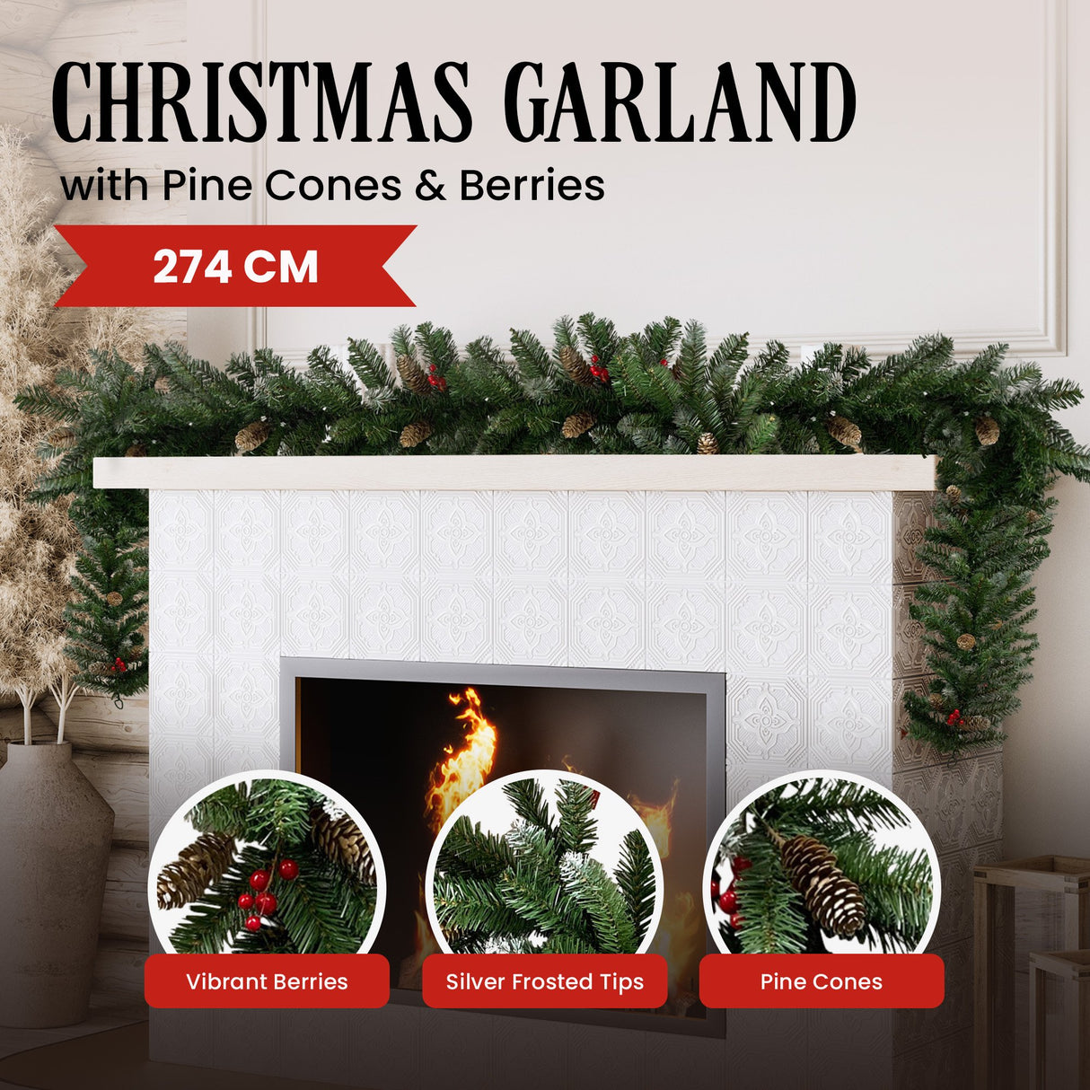Christabelle Christmas Garland with Pine Cones & Berries - 274cm