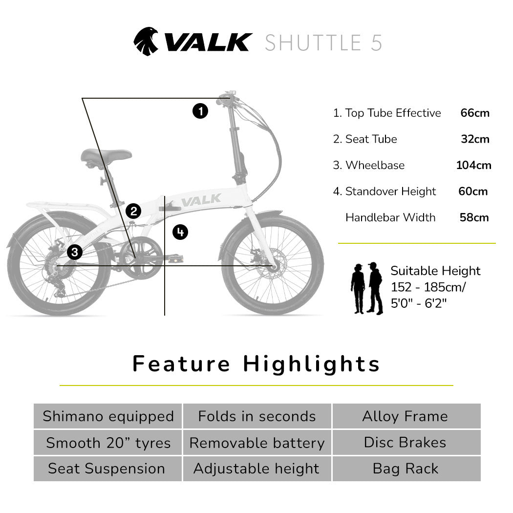 2023 VALK Shuttle 5 Electric Folding Bike, 20' Tyres, Shimano 7-Speed, White