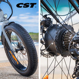 VALK Electric Fat Tyre Cruiser Bike, eBike with Throttle, Tektro Hydraulic Brakes, Blue - Close-Up Angle