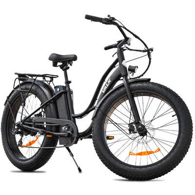 VALK Electric Fat Tyre Cruiser Bike, Step-Through eBike with Throttle, Tektro Hydraulic Brakes, Matte Black