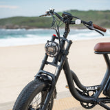 VALK Nomad Electric Fat Tyre Bike, 350W, 32km/hr, Throttle ebike, Disc Brakes, Step-Through Alloy, Shimano 7 spd, 20x4' Kenda Tyres, Suspension, Black - Front View