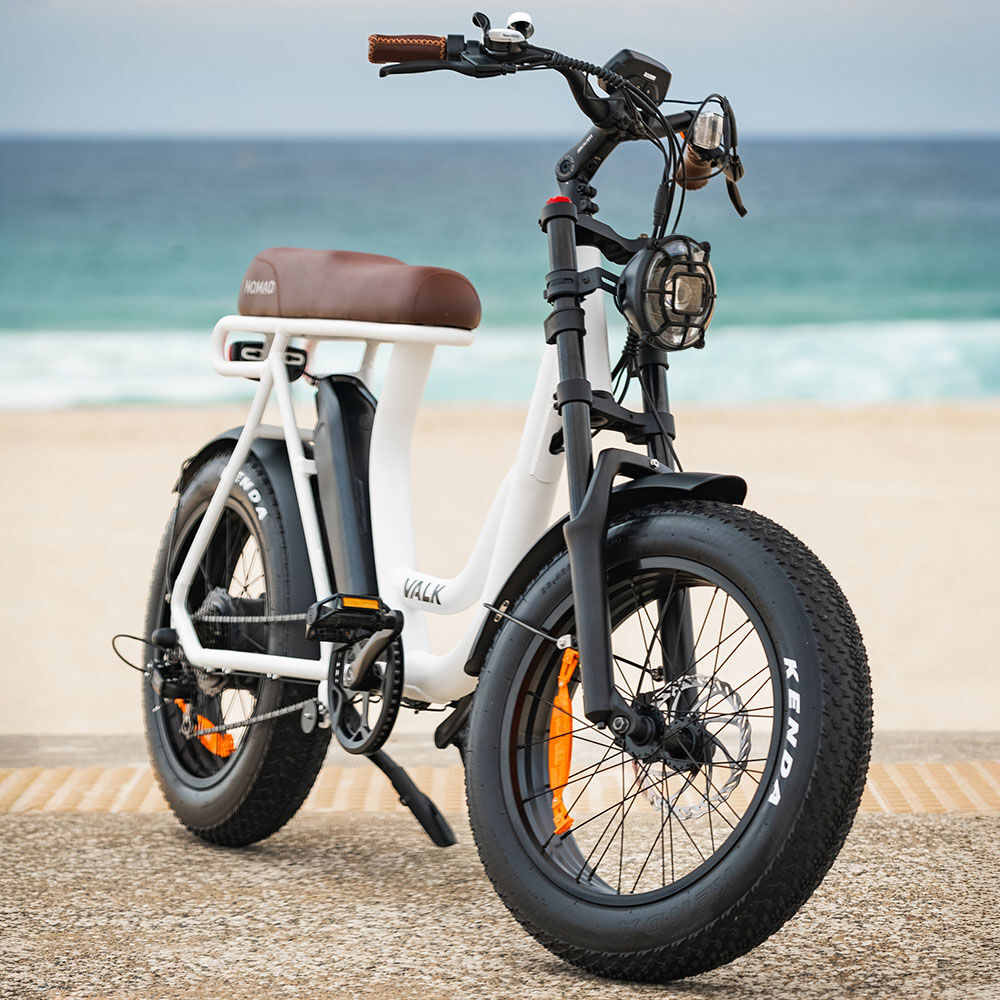 VALK Nomad Electric Fat Tyre Bike, 350W, 32km/hr, Throttle ebike, Disc Brakes, Step-Through Alloy, Shimano 7 spd, 20x4' Kenda Tyres, Suspension, White