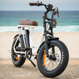 VALK Nomad Electric Fat Tyre Bike, 350W, 32km/hr, Throttle ebike, Disc Brakes, Step-Through Alloy, Shimano 7 spd, 20x4' Kenda Tyres, Suspension, White - Front View