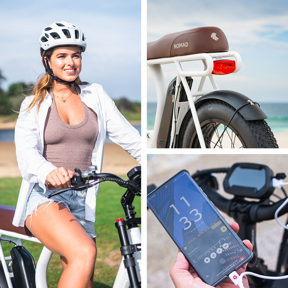 VALK Nomad Electric Fat Tyre Bike, 350W, 32km/hr, Throttle ebike, Disc Brakes, Step-Through Alloy, Shimano 7 spd, 20x4' Kenda Tyres, Suspension, White