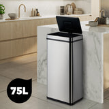 Oikiture 75L Motion Sensor Bin Automatic Rubbish Trash Can Silver - Low Angle