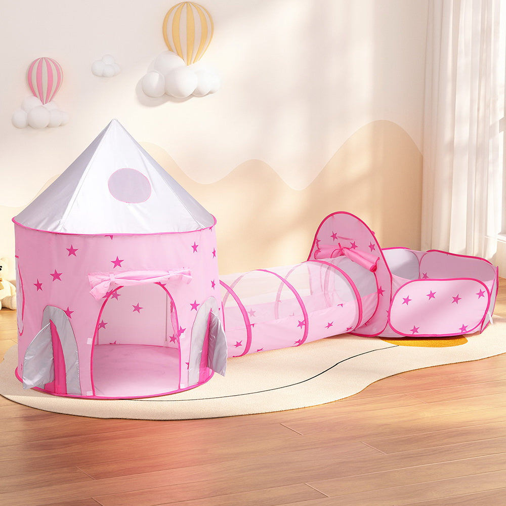 Keezi 3-in-1 Pink Kids Play Tent with Ball Pit, Crawl Tunnel, and Basketball Hoop