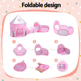 Keezi 3-in-1 Pink Kids Play Tent with Ball Pit, Crawl Tunnel, and Basketball Hoop
