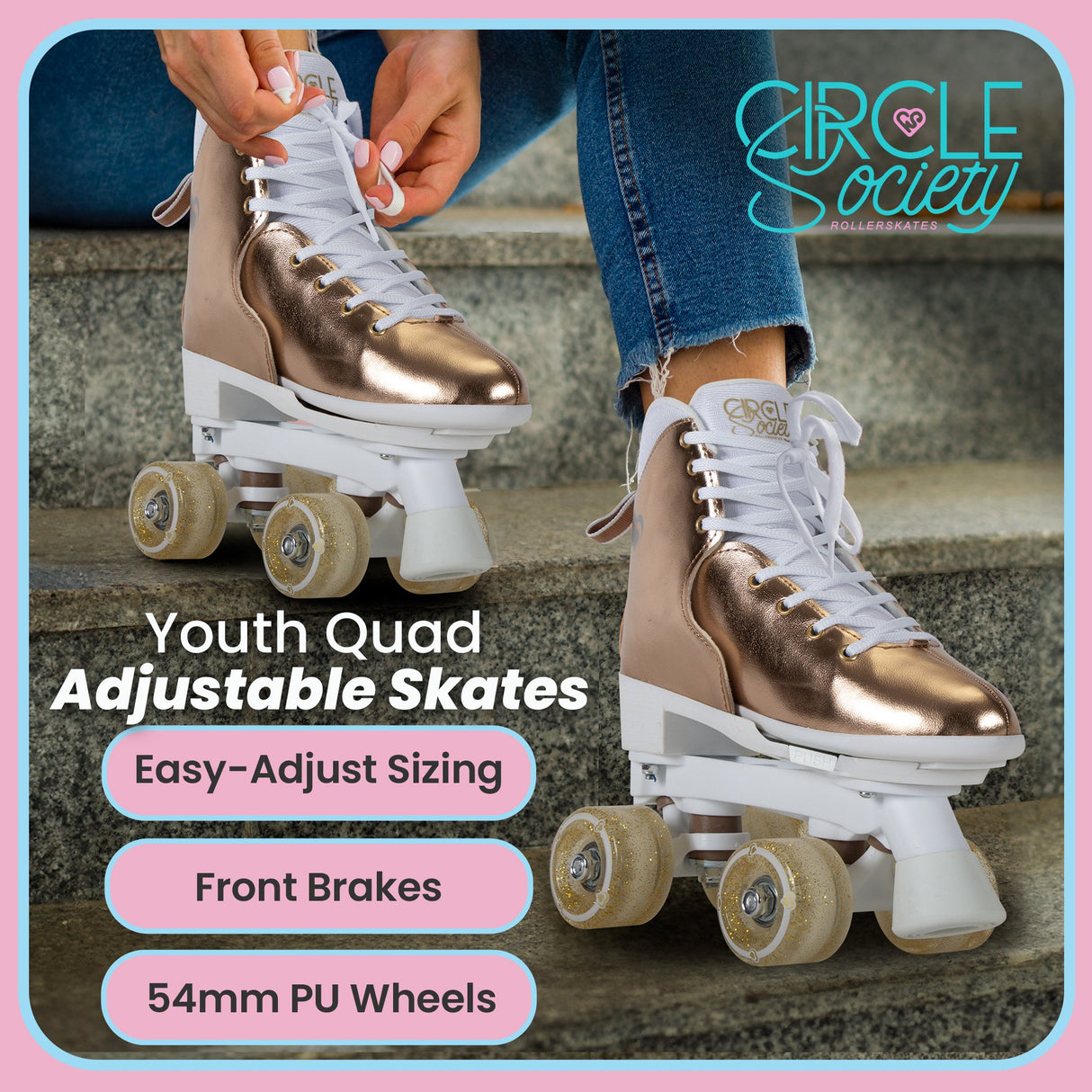 Circle Society Adjustable Quad Kids Roller Skates - Metallic Rose Gold Rhythm Skates