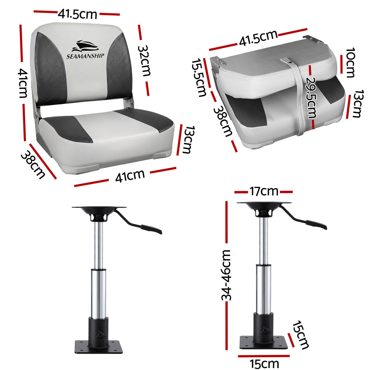 Seamanship 2X Folding Boat Seats with 2X Adjustable Pedestals 34–46cm Marine Swivel Low Back 13cm Padding Charcoal