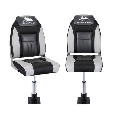 Seamanship 2X Folding Boat Seats with 2X Adjustable Pedestals 34–46cm Marine Seat Swivel High Back 12cm Padding Black