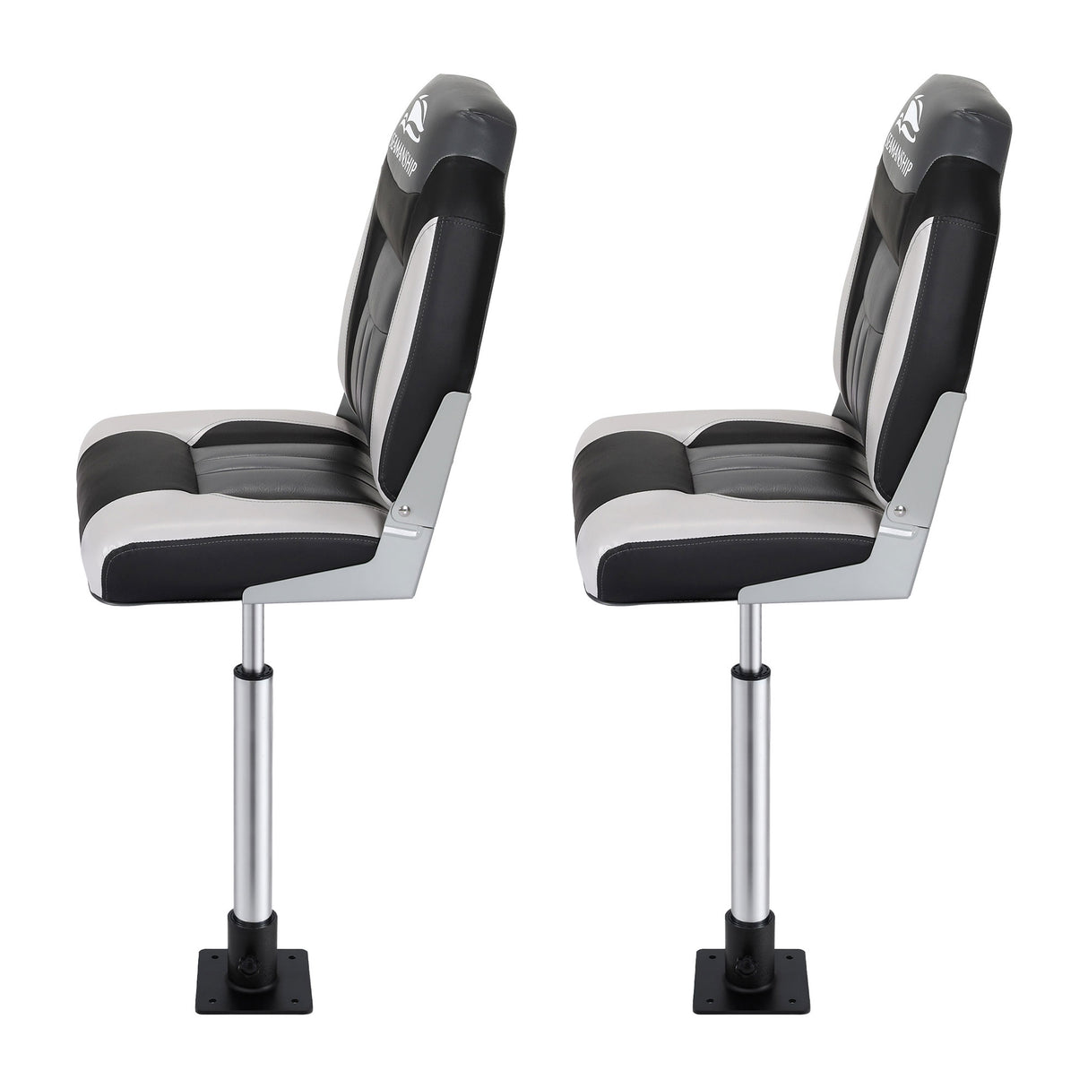 Seamanship 2X Folding Boat Seats with 2X Adjustable Pedestals 55–75cm Marine Seat Swivel High Back 12cm Padding Black