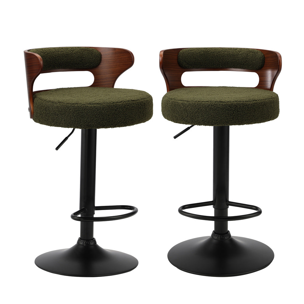 Oikiture 2x Bar Stools Gas Lift Swivel Chairs Wooden Boucle Green