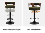 Oikiture 2x Bar Stools Gas Lift Swivel Chairs Wooden Boucle Green