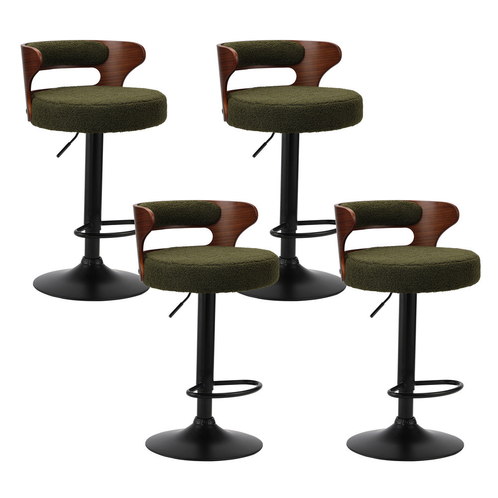 Oikiture 4x Bar Stools Gas Lift Swivel Chairs Wooden Boucle Green