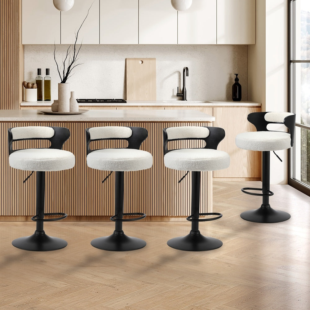 Oikiture 4x Bar Stools Gas Lift Swivel Chairs Wooden Boucle White