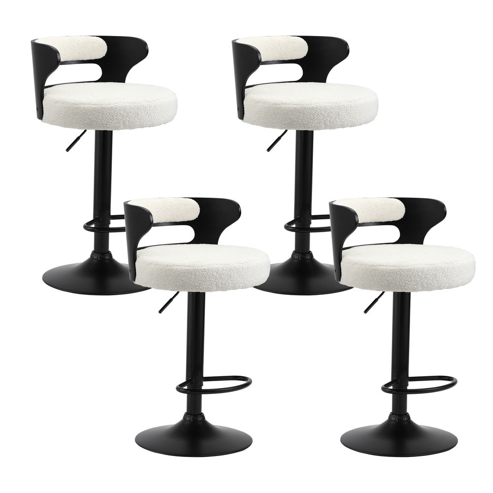 Oikiture 4x Bar Stools Gas Lift Swivel Chairs Wooden Boucle White