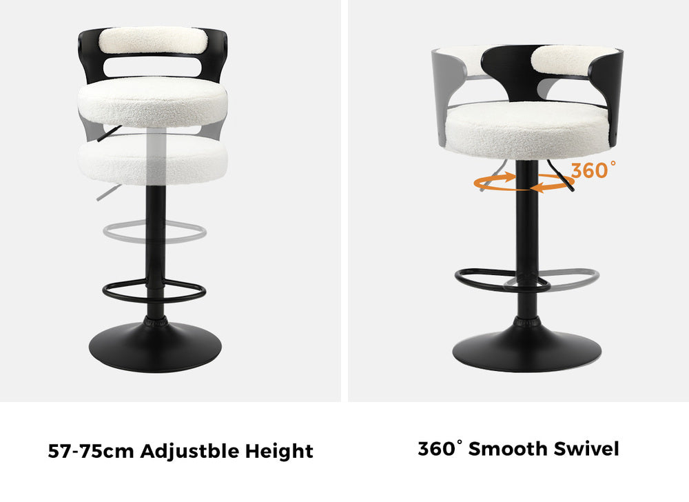 Oikiture 4x Bar Stools Gas Lift Swivel Chairs Wooden Boucle White