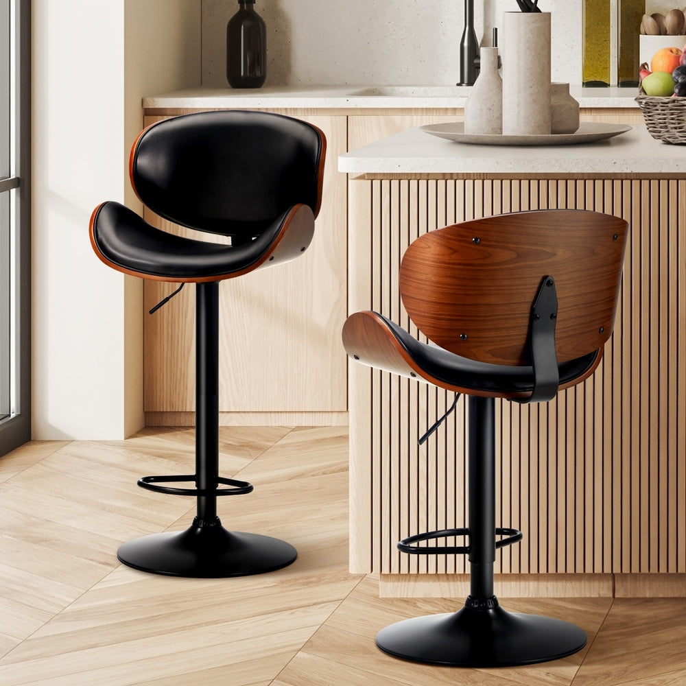 Oikiture 2x Bar Stools Swivel Leather Seat Black