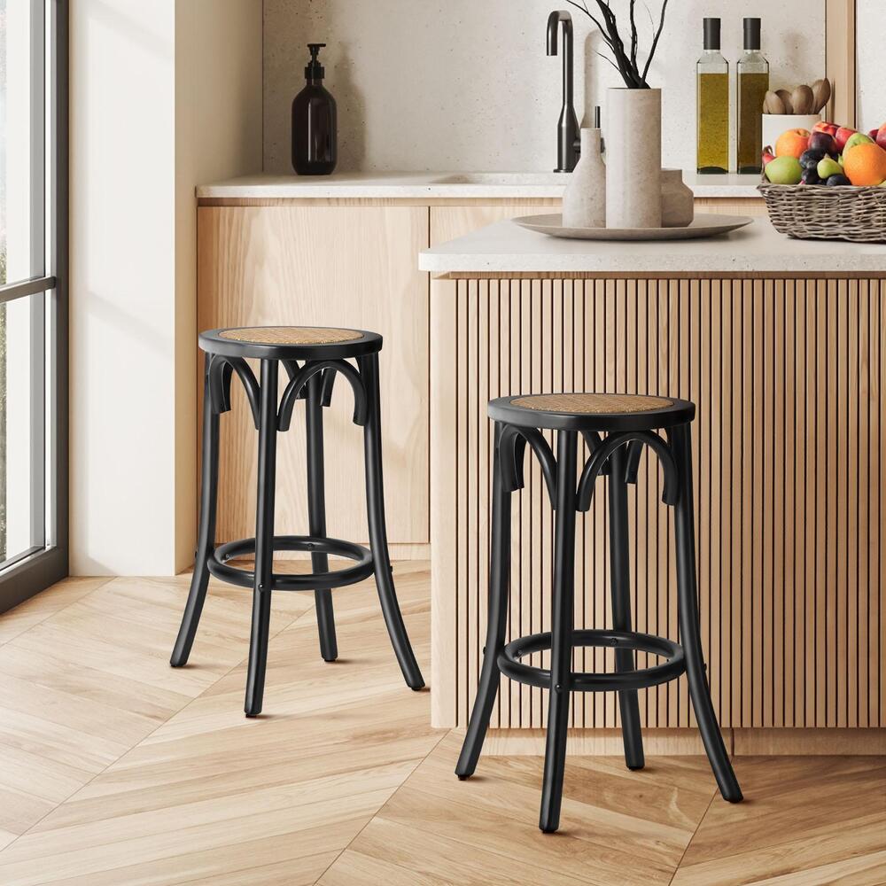 Oikiture Wooden Bar Stool 2pc Rattan Dining Chair Black