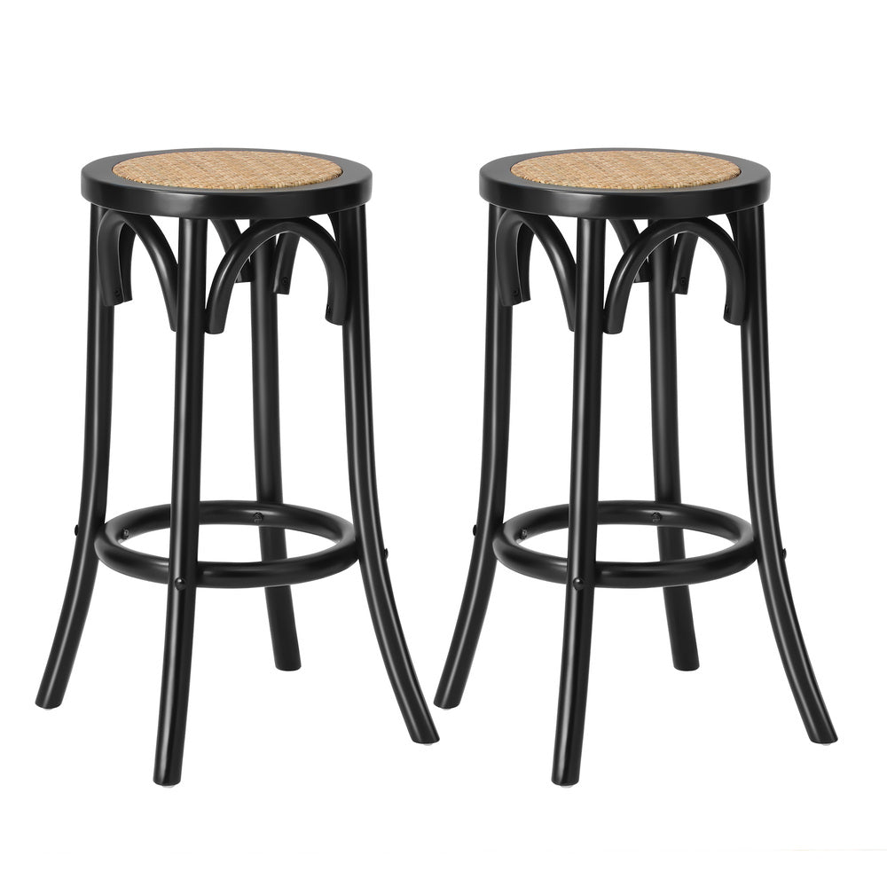 Oikiture Wooden Bar Stool 2pc Rattan Dining Chair Black
