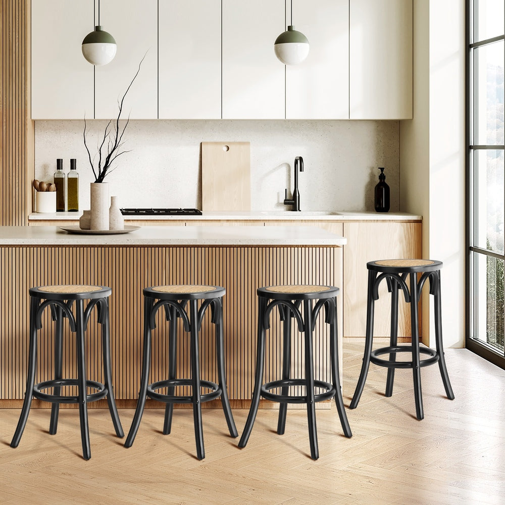 Oikiture 4x Bar Stools Dining Chair Rattan Seat Black