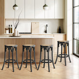 Oikiture 4x Bar Stools Dining Chair Rattan Seat Black - Close-Up Angle