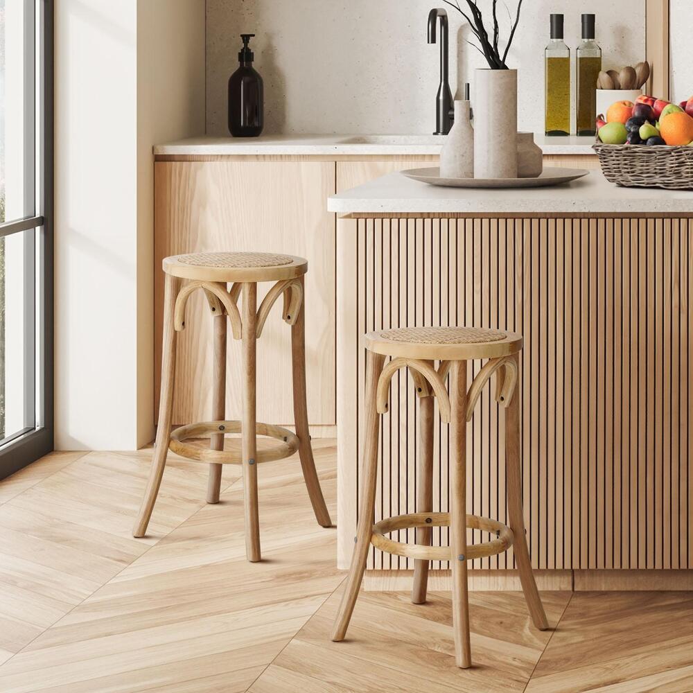 Oikiture Wooden Bar Stool 2pc Rattan Dining Chair Wood