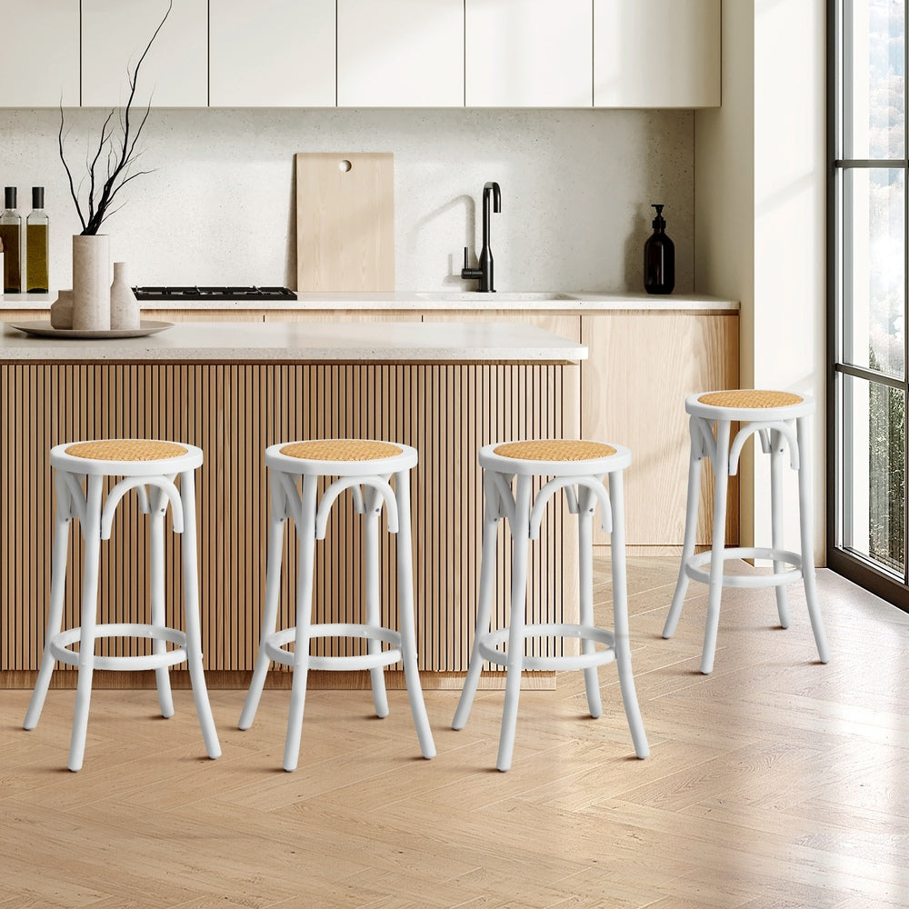 Oikiture Set of 4 Bar Stools Vintage Rattan Seat White