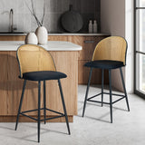 Oikiture 2x Bar Stools Rattan Dining Chair Velvet Black - 45-Degree Angle