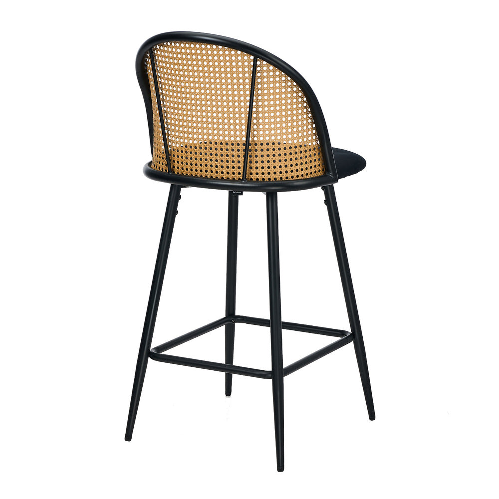 Oikiture 2x Bar Stools Rattan Dining Chair Velvet Black