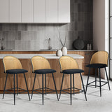 Oikiture 4x Bar Stools Rattan Dining Chair Velvet Black - Low Angle