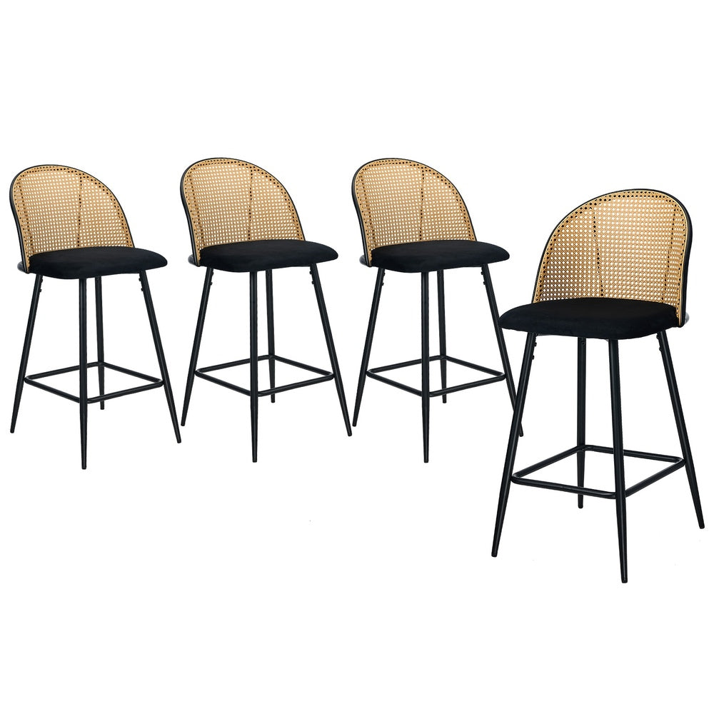 Oikiture 4x Bar Stools Rattan Dining Chair Velvet Black