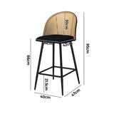 Oikiture 4x Bar Stools Rattan Dining Chair Velvet Black - Front View