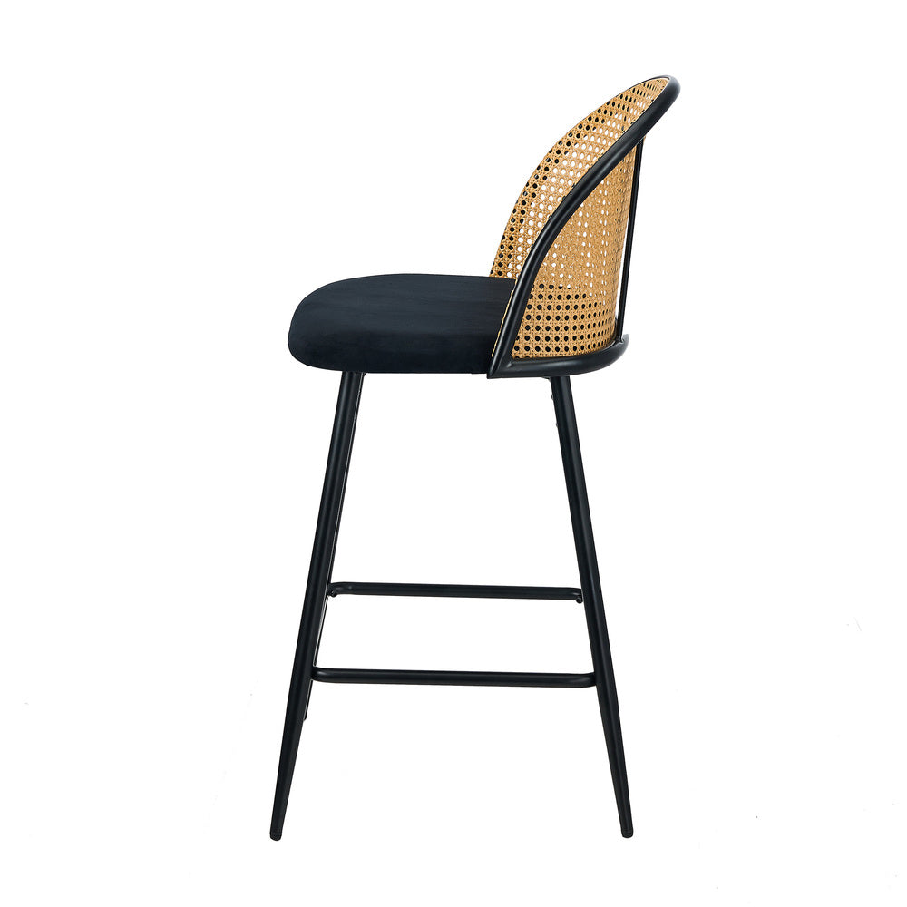 Oikiture 4x Bar Stools Rattan Dining Chair Velvet Black