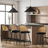 Oikiture 4x Bar Stools Rattan Dining Chair Velvet Black
