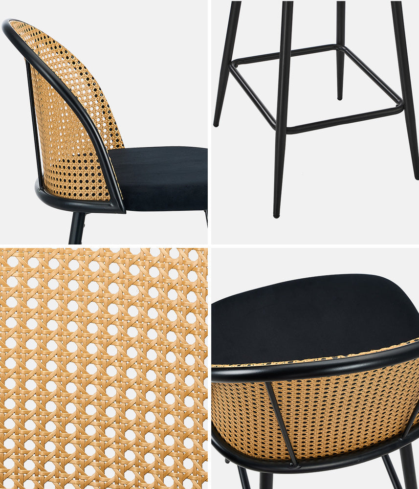 Oikiture 4x Bar Stools Rattan Dining Chair Velvet Black