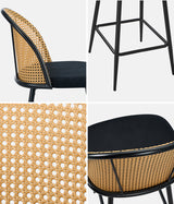 Oikiture 4x Bar Stools Rattan Dining Chair Velvet Black - Rear View