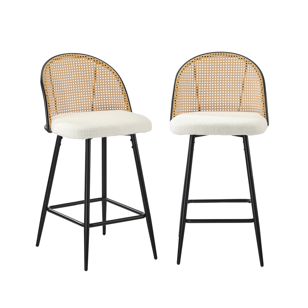 Oikiture 2x Bar Stools Kitchen Counter Stool Rattan Boucle Fabric