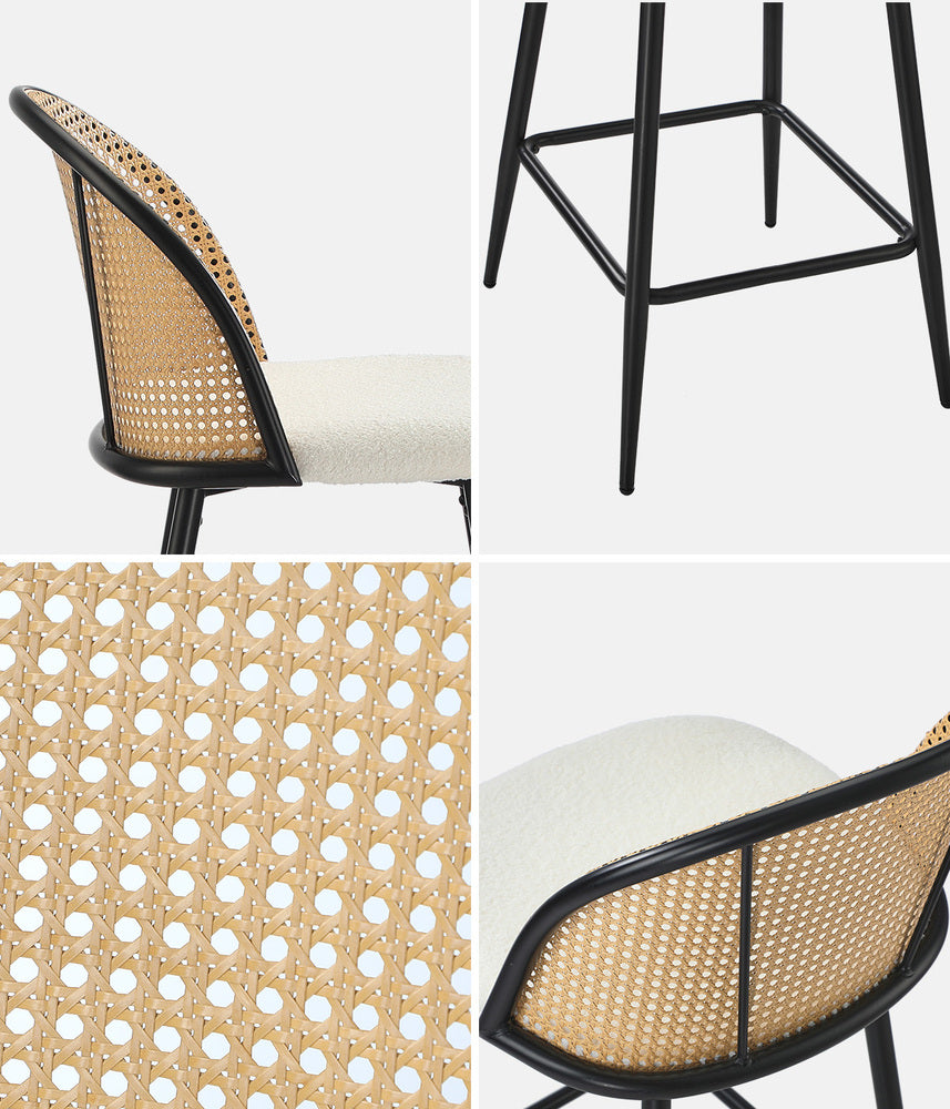 Oikiture 2x Bar Stools Kitchen Counter Stool Rattan Boucle Fabric