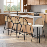 Oikiture 4x Bar Stools Kitchen Counter Stool Rattan Boucle Fabric