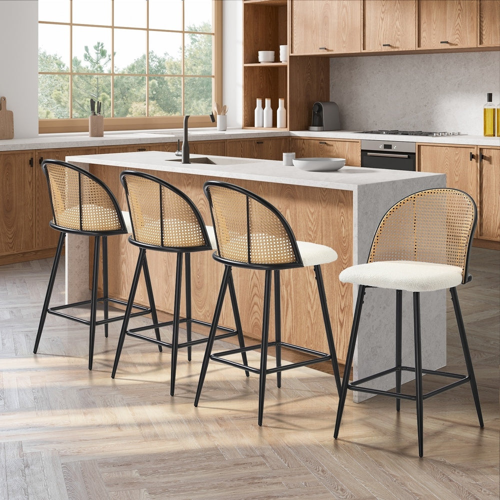 Oikiture 4x Bar Stools Kitchen Counter Stool Rattan Boucle Fabric