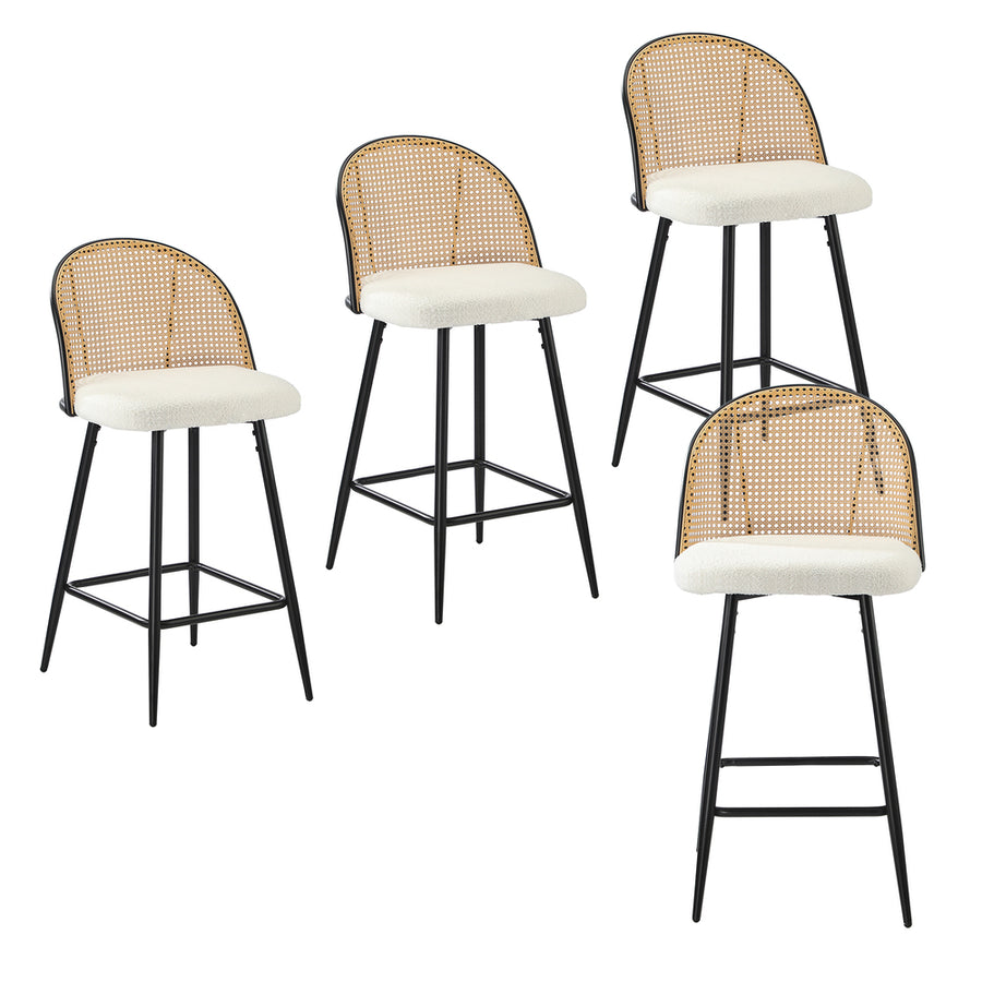 Oikiture 4x Bar Stools Kitchen Counter Stool Rattan Boucle Fabric